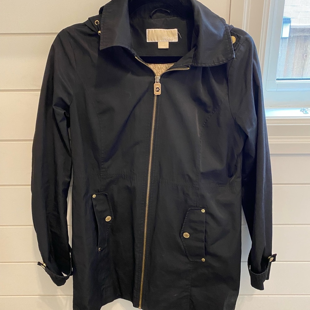 Michael Kors Black Trench Coat with Gold Accents